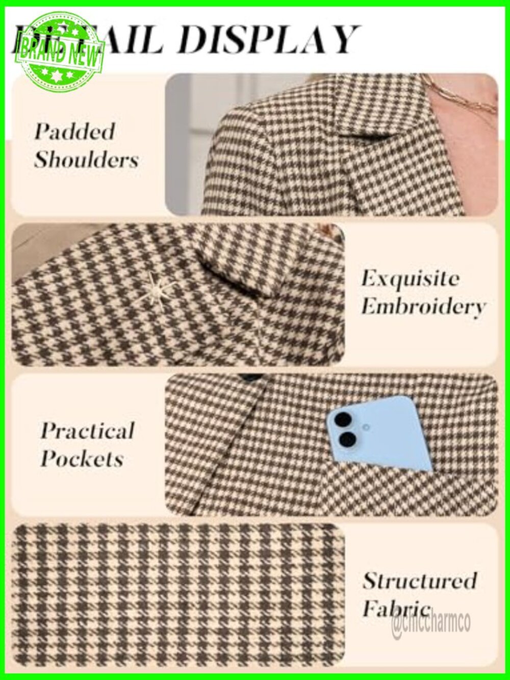 Plaid Blazer with Embroidered Collar Houndstooth Work Office Jacket - Picture 4 of 7
